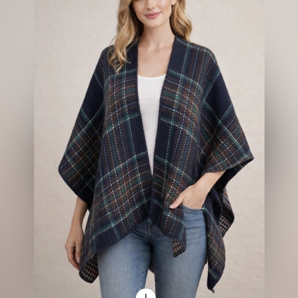 ModCloth Navy Blue Green Plaid Houndstooth Shawl Wrap Cover Poncho Academia OS